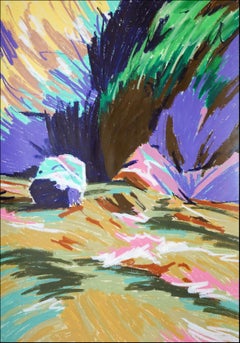 Rock by the River, Abstract Expressionist Mountain Landscape, Crayon Gestures