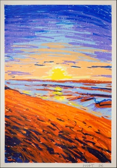 Sunset Beach Walk, Expressionist Landscape on Paper, Vigorous Gestures Seascape