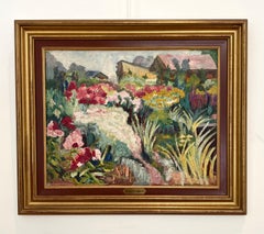 Flower Garden in Bloom with Country Houses, Oil on Canvas, Framed, 20th