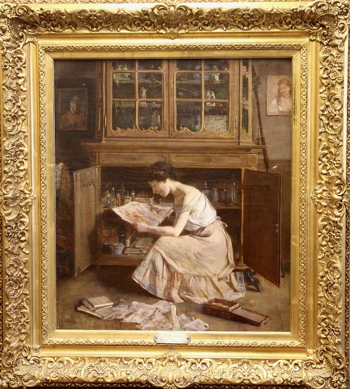 Albert Dumoulin, um 1900, „La Curieuse“, Innenszene mit einer jungen Dame