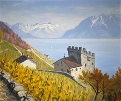 Vintage Leman Lake, Switzerland by Albert Duplain - Oil on canvas 35x41 cm