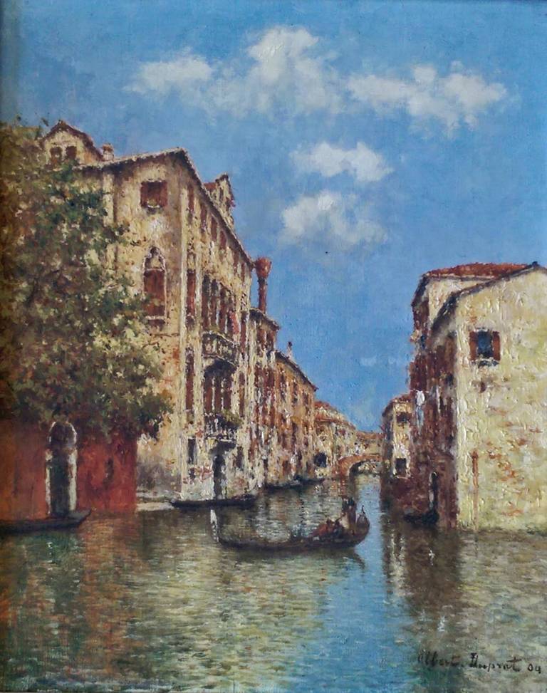 Landscape Painting di Albert Duprat - Gondola su un canale veneziano