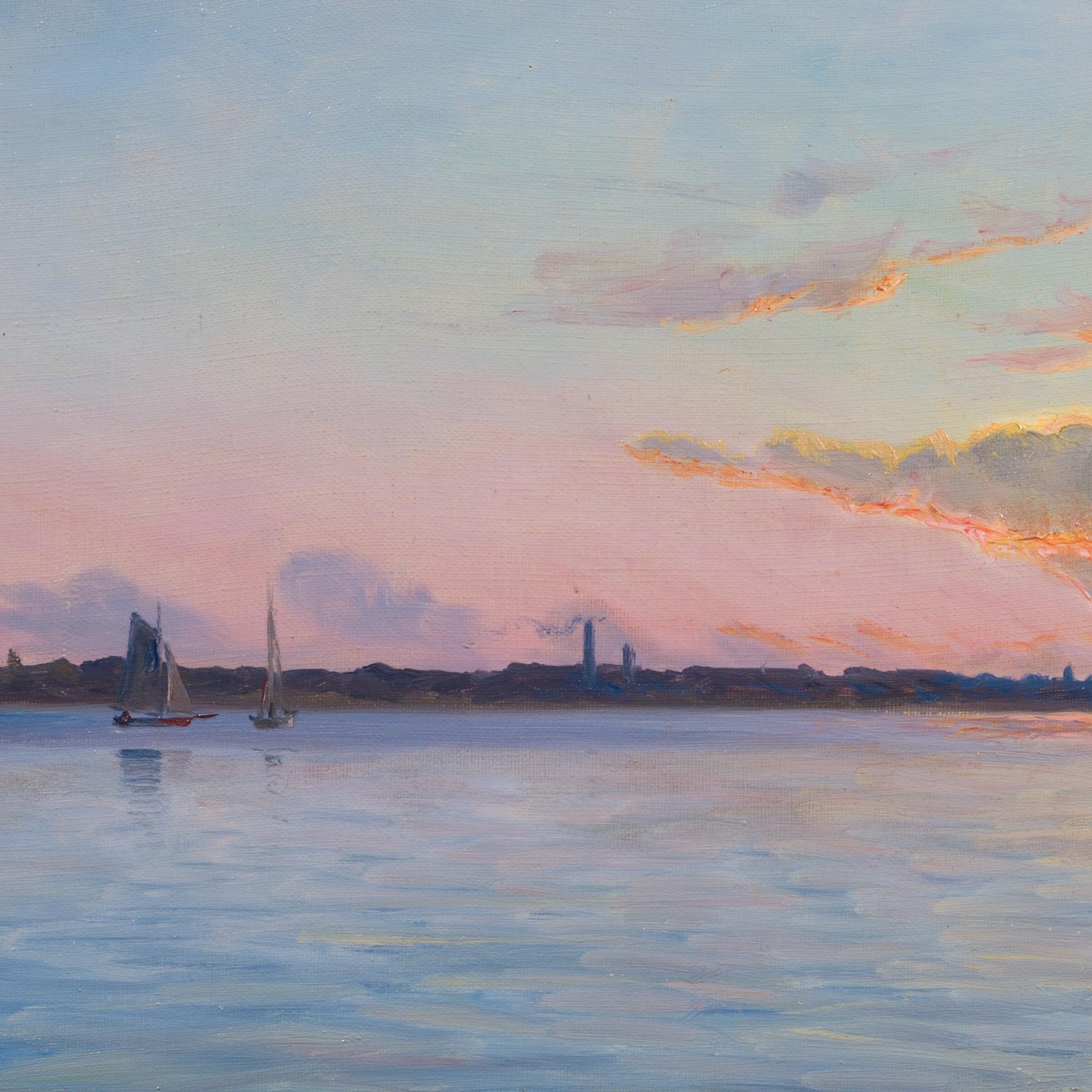 Sonnenuntergang vor der Küste von Hellerup, Dänemark (Braun), Landscape Painting, von Albert Edward Wang