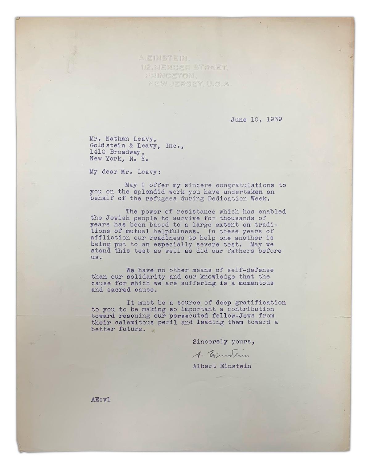 An Albert Einstein typed & signed letter, dated June 10, 1939.

Fresh to the market after 84 years in the ownership of the original recipient's family.

In 1939, on the eve of WWII, Einstein became involved in national campaigns to raise money