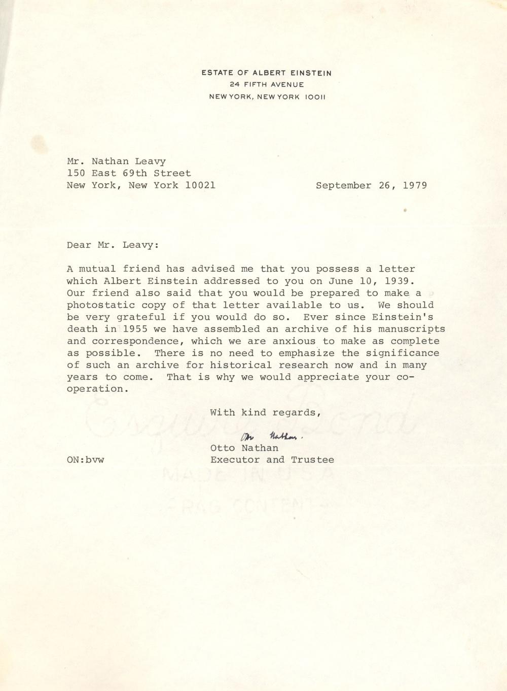 20th Century Albert Einstein Typed and Signed Letter with Certificate of Authenticity 