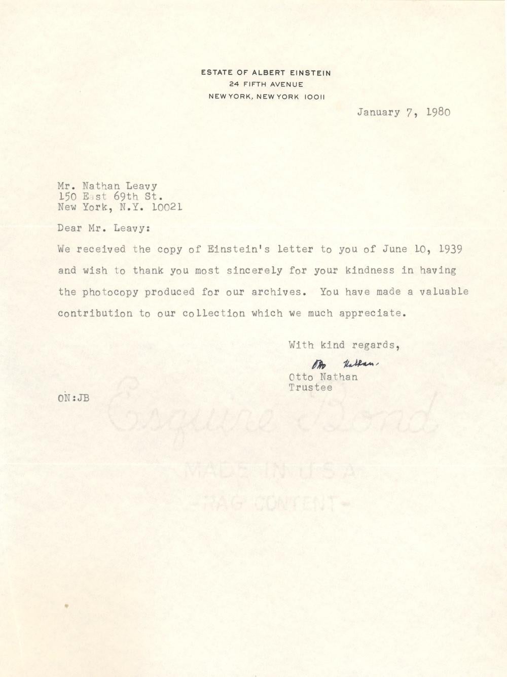 Paper Albert Einstein Typed and Signed Letter with Certificate of Authenticity 