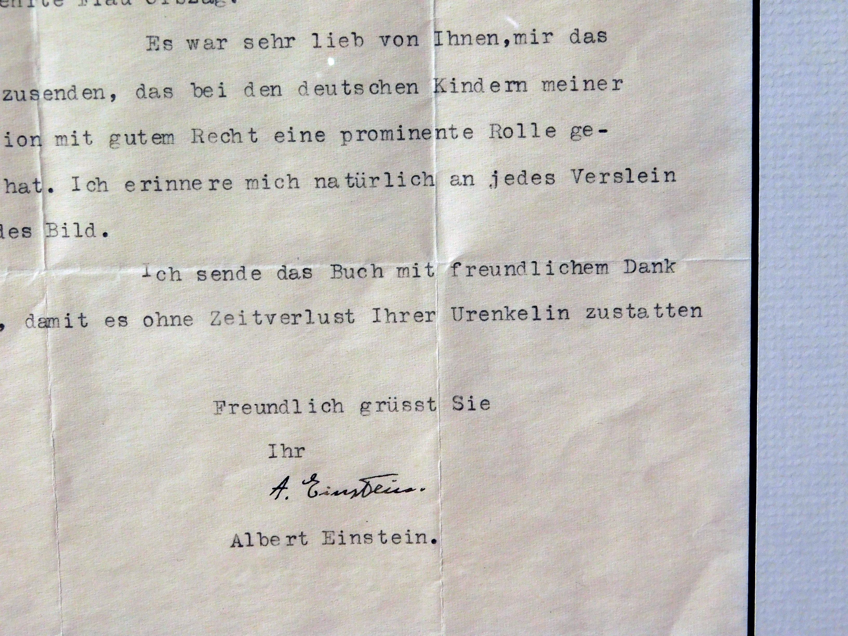 This is a typed letter from Albert Einstein to Mrs. Clotilde Orszag of New York 
hand signed by the noted physicist.
The letter, written in German, is dated March 10, 1951. 
It is signed in ink at the bottom, “A. Einstein.” 
The letter is