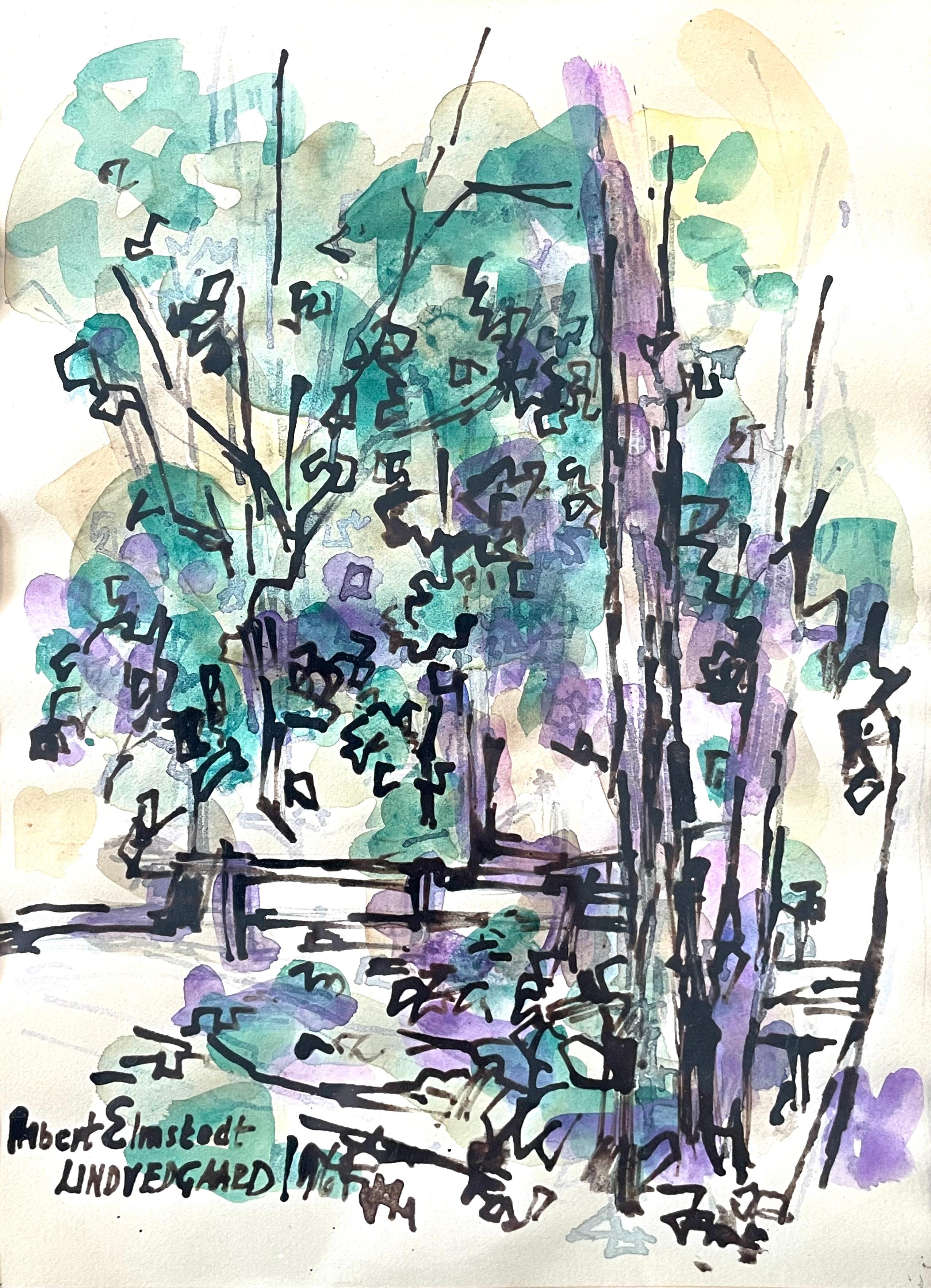 Dies ist eine originale Aquarellzeichnung des dänischen Künstlers Albert Elmstedt (1895-1976).
Es ist in Aquarell und Tusch auf Papier in den Farben lila und grün mit schwarzen Unterscheidungen gemacht. Es ist vom Künstler signiert und datiert. Das