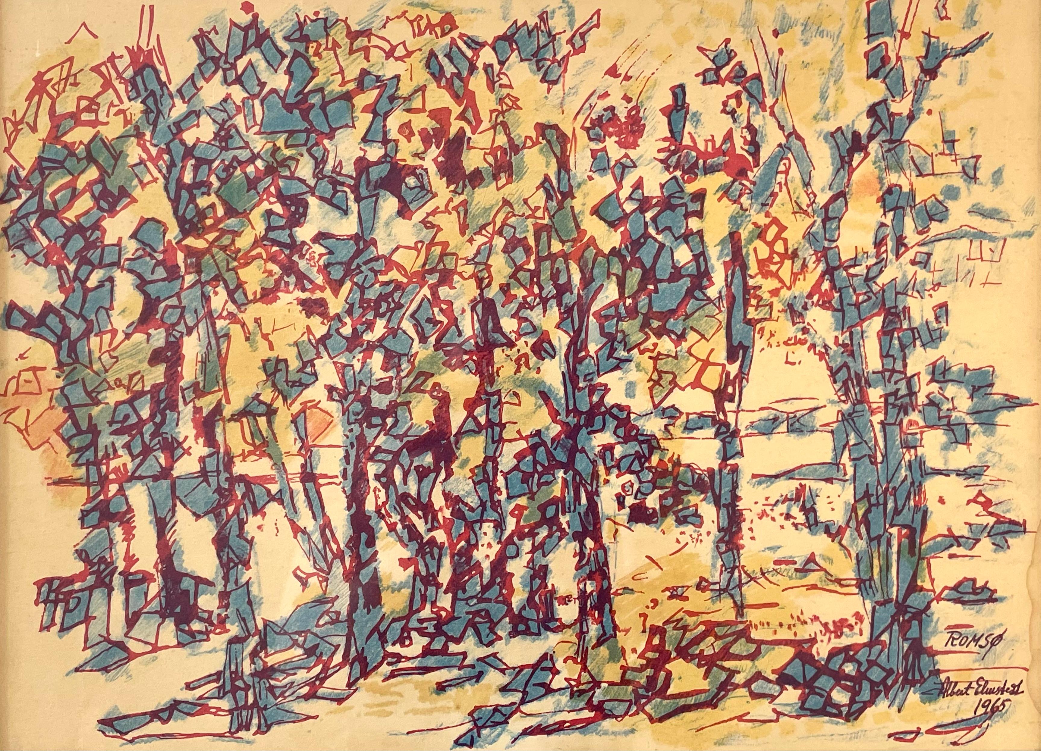 Dies ist eine originale Aquarellzeichnung des dänischen Künstlers Albert Elmstedt (1895-1976).
Es ist in Aquarell und Tusch auf Papier in den Farben blau und rot mit gelblichem Hintergrund gemacht. Es ist vom Künstler signiert und datiert. Das Motiv