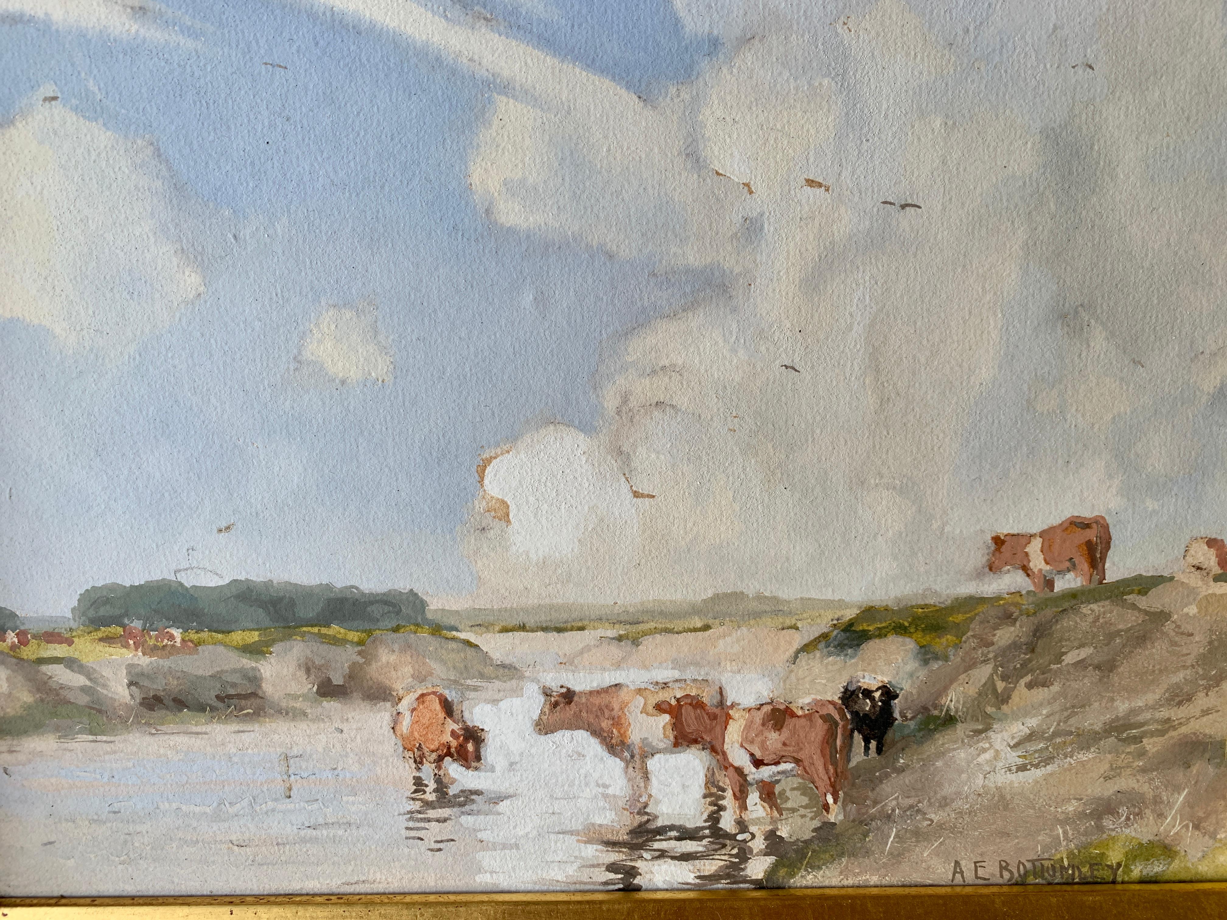 English Impressionist early 20th century, cows drinking water in a landscape - Painting by Albert Ernest Bottomley
