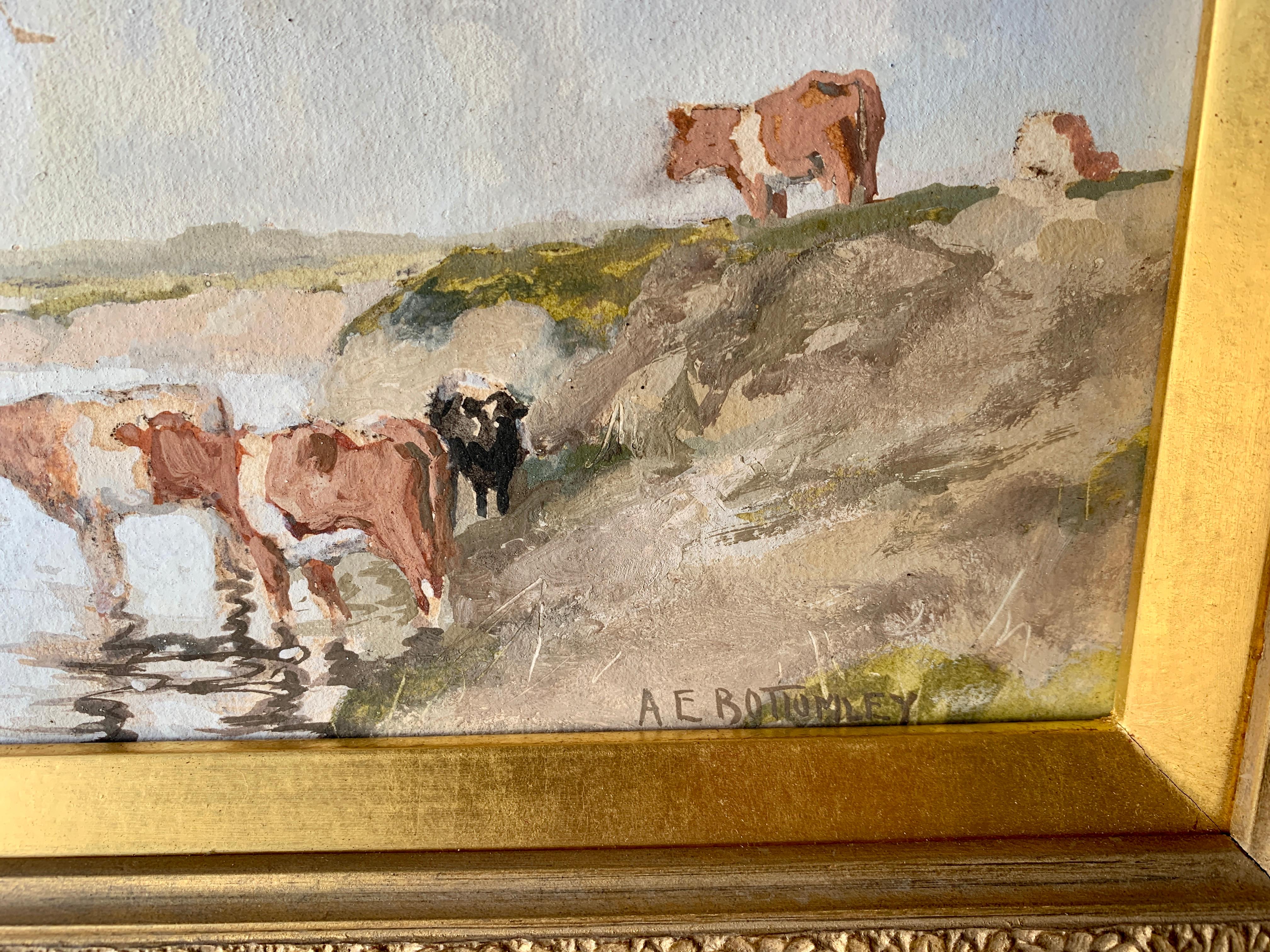 English Impressionist Anfang des 20. Jahrhunderts, Kühe trinken Wasser in einer Landschaft (Impressionismus), Painting, von Albert Ernest Bottomley