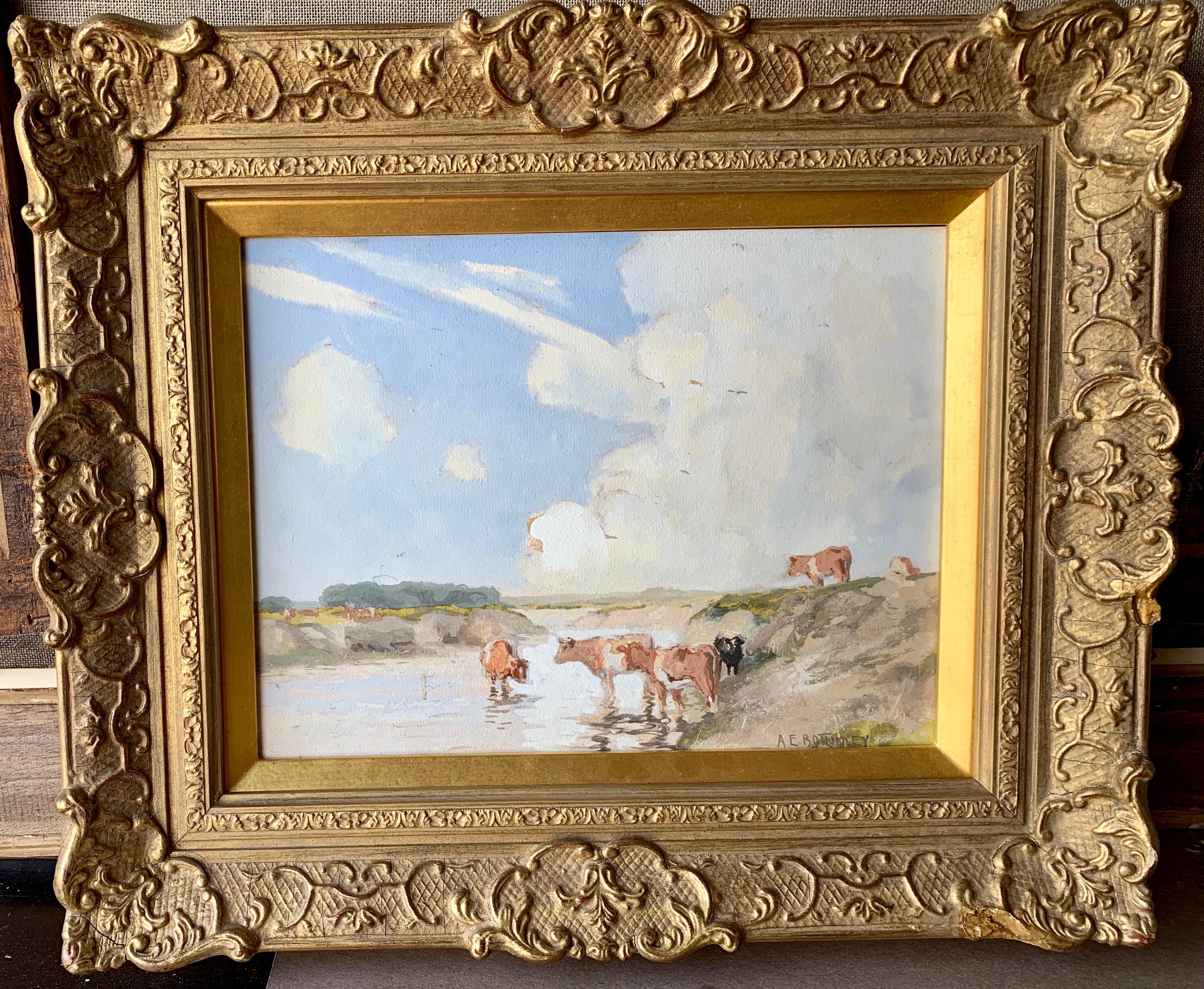 Albert Ernest Bottomley Animal Painting – English Impressionist Anfang des 20. Jahrhunderts, Kühe trinken Wasser in einer Landschaft