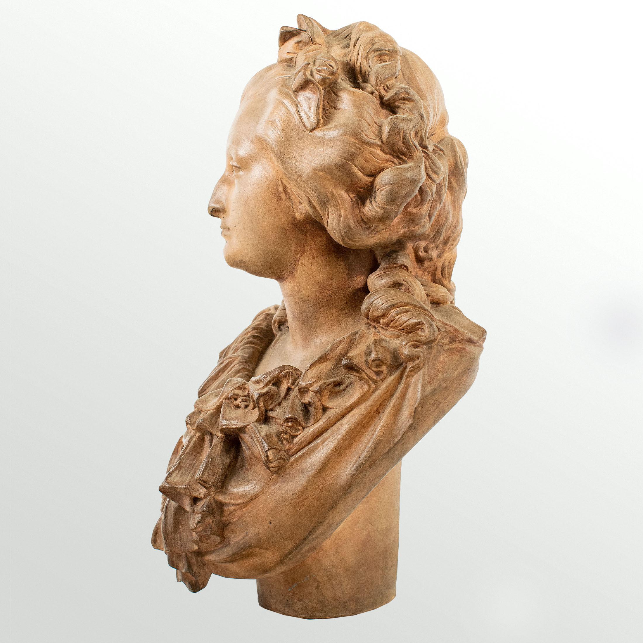 Albert-Ernest CARRIER-BELLEUSE (Anizy-le-Château, 1824 - Sèvres, 1887). Very beautiful bust of a young woman, terracotta with attractive patina. Perfect condition without base. Very beautiful object, rare, finely detailed. Around