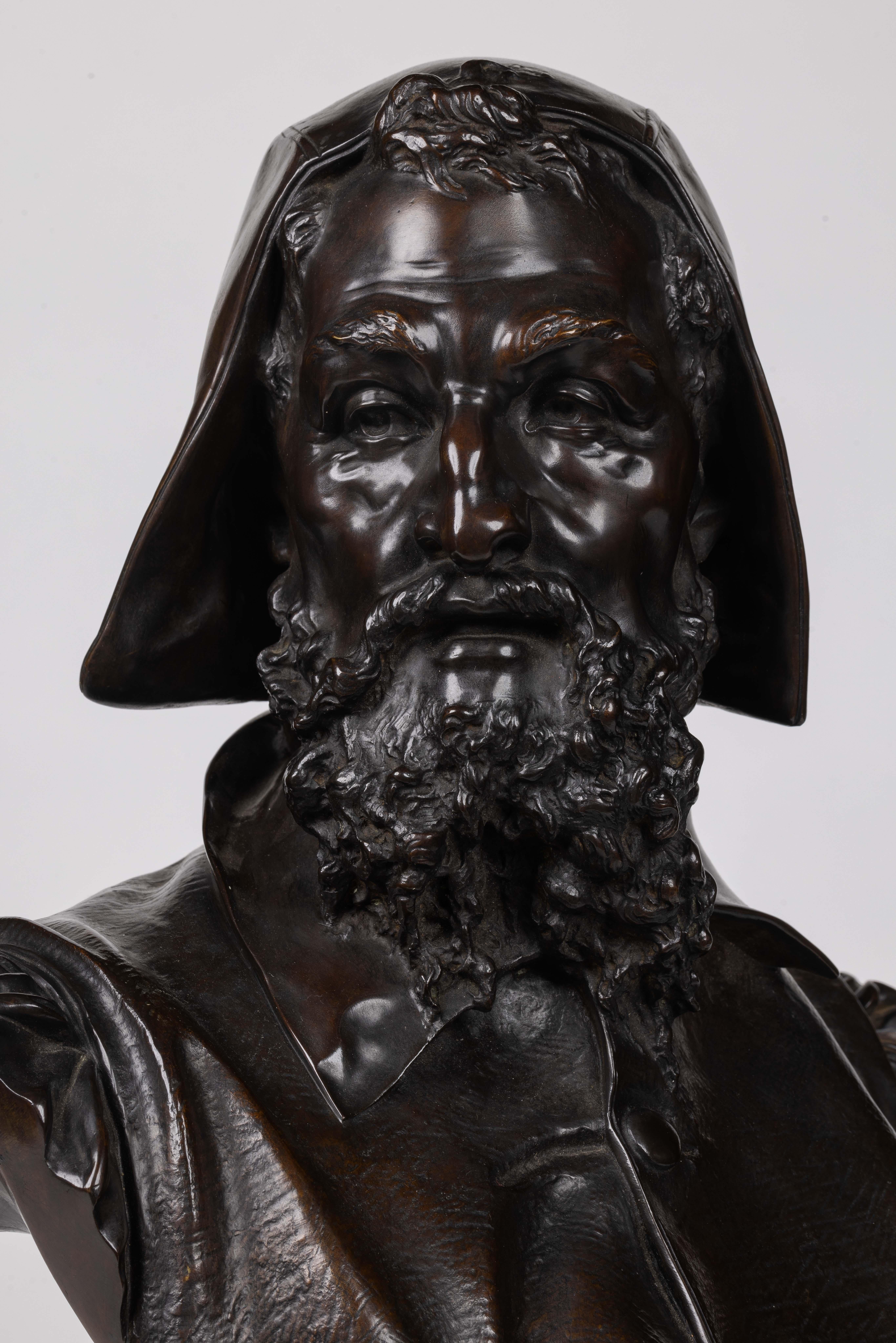 Bronze Albert-Ernest Carrier-Belleuse, rare et important buste en bronze de Michel-Ange en vente