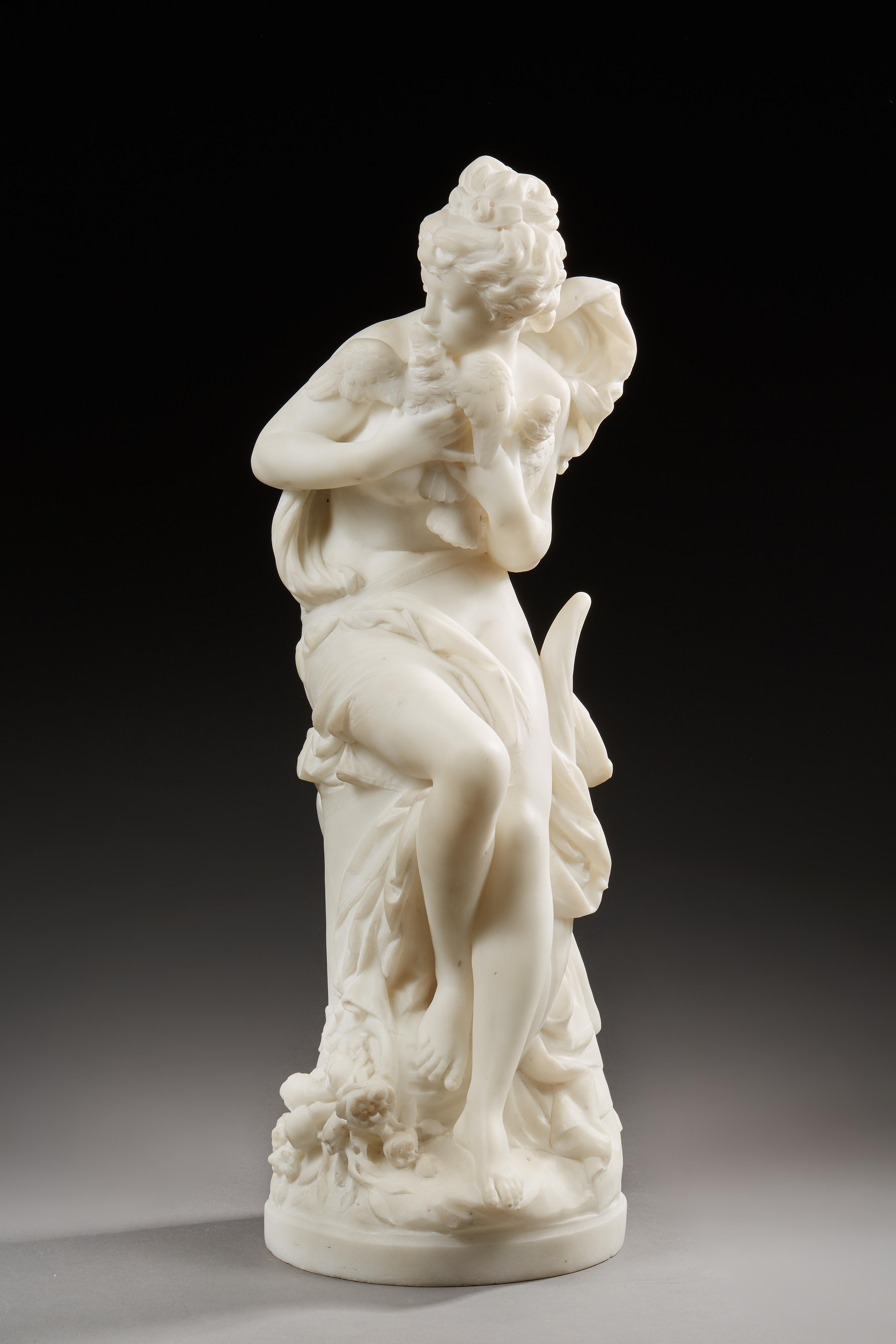 A superb and rare white Carrara marble sculpture sign by the famous sculptor Albert-Ernest Carrier-Belleuse. It represents a woman standing, tying two doves, with a bouquet of roses at her feet — excellent performance quality.

Our sculpture is