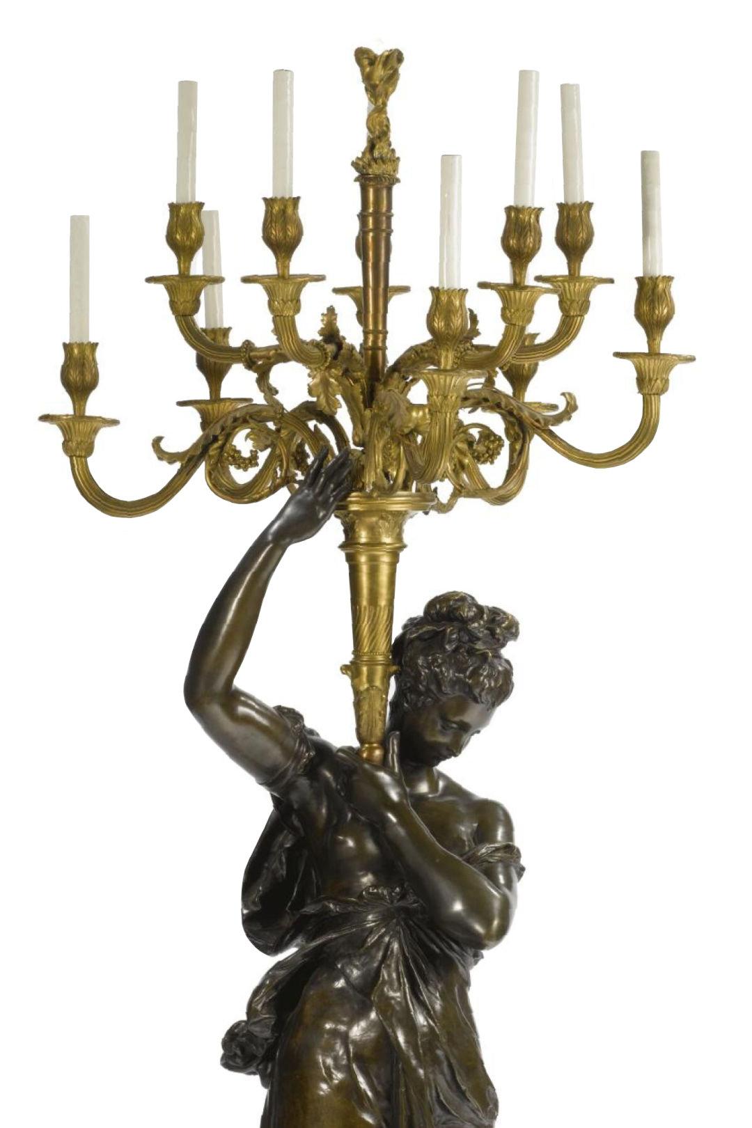 A very fine quality and large Albert-Ernest Carrier-Belleuse (1824-1887) Patinated and gilt bronze figural candelabra/ Torchier lamp.
Wired for electricity.
It comes with a later modern black marble pedestal. ( a much later addition).