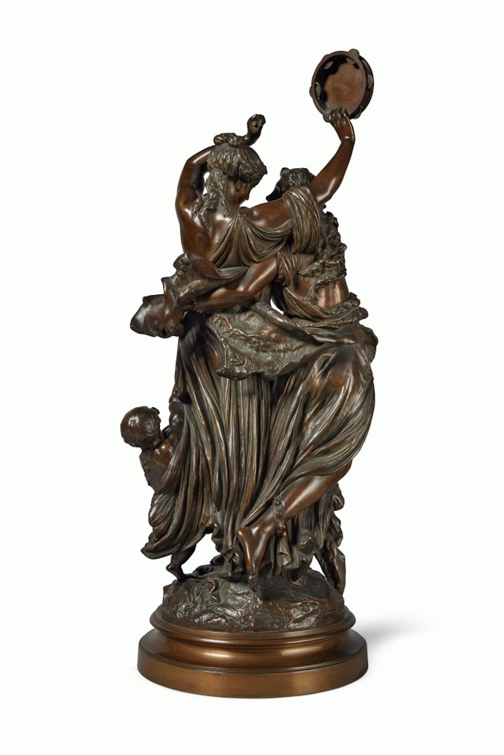 Albert-Ernest Carrier-Belleuse 
1824 - 1887
Danse au Tambourin
signed Carrier Belleuse bronze
height: 72.4cm. diameter: 26.7cm.
Provenance
Important American collection.
The present composition is one of Carrier-Belleuse's most successful and