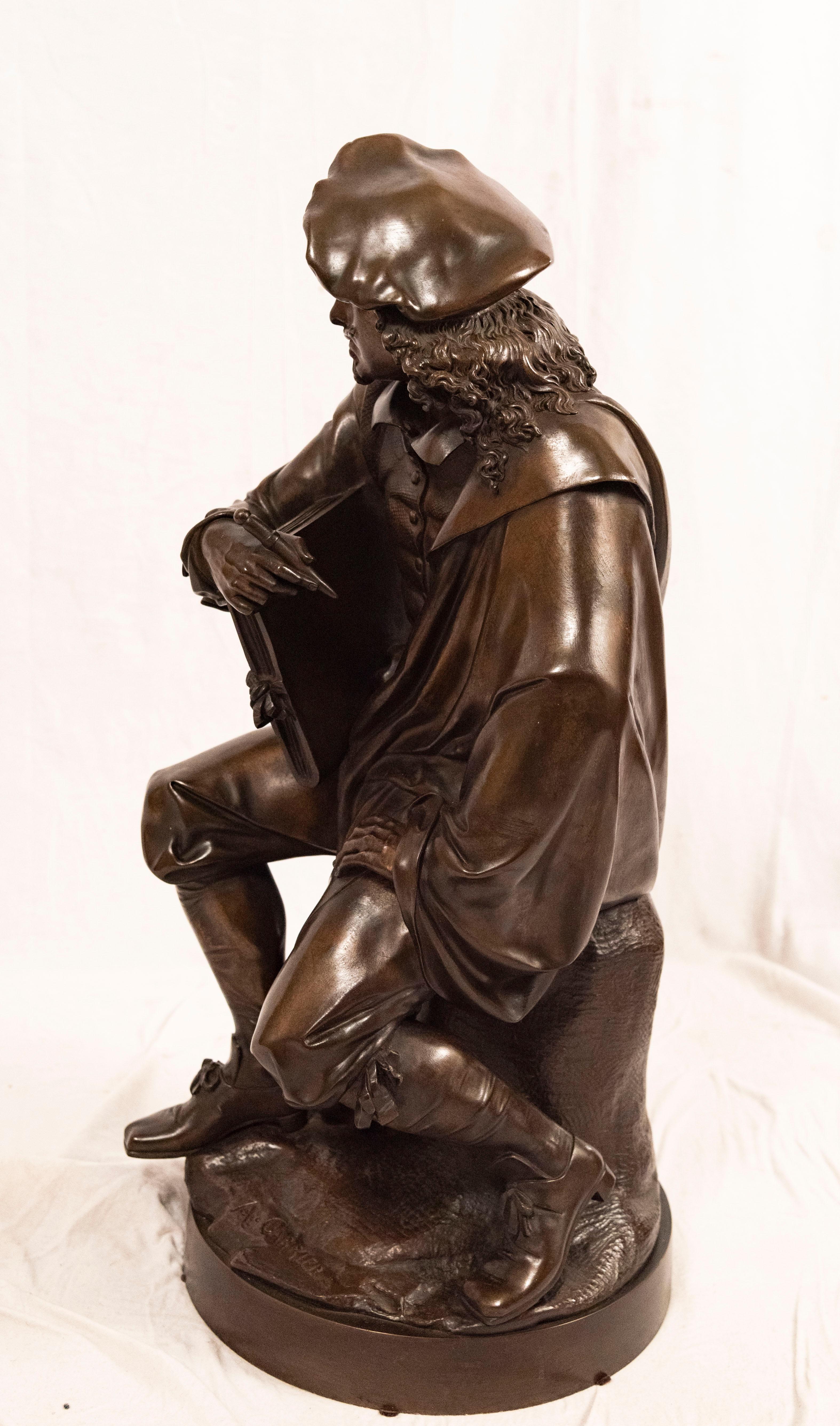 Portrait of Rembrandt van Rijn - Gold Figurative Sculpture by Albert-Ernest Carrier-Belleuse