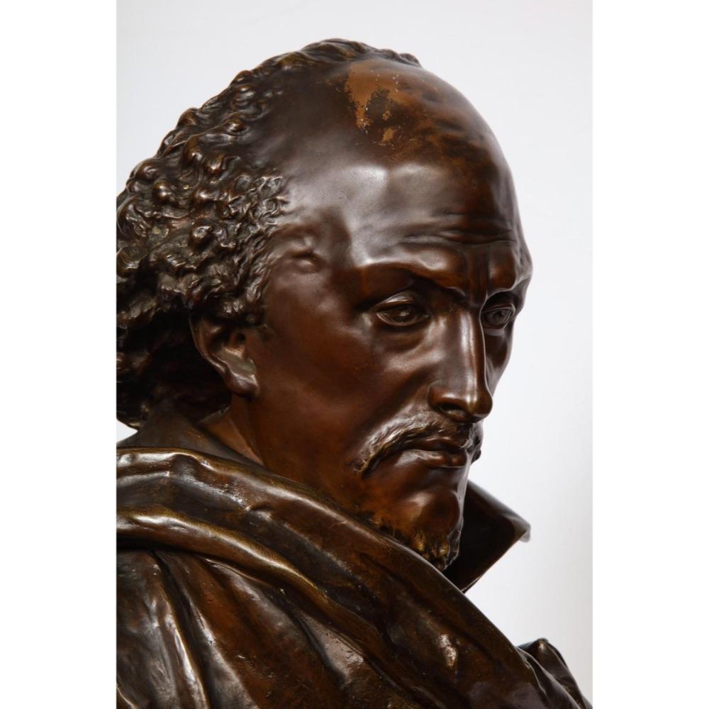 Rare French Bronze Bust of William Shakespeare by Carrier Belleuse and Pinedo, circa 1870.  

Signed - A. Carrier-Belleuse Paris and inscribed PINEDO fondeur, on a red marble base.  

Measures: 22