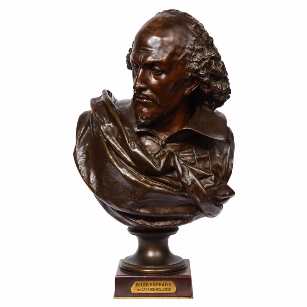 Albert-Ernest Carrier-Belleuse Figurative Sculpture - Rare French Bronze Bust of William Shakespeare by Carrier Belleuse and Pinedo