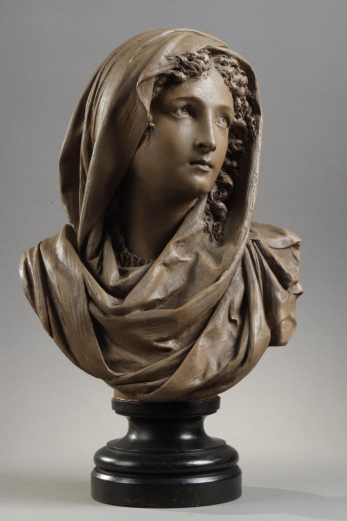 Albert-Ernest Carrier-Belleuse Figurative Sculpture - Young woman wearing a shawl