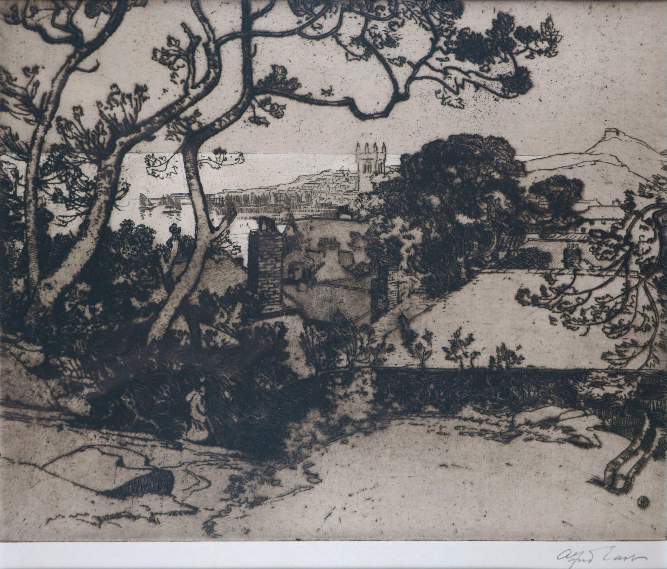 Albert Ernst Landscape Print – Blick auf eine Küstenstadt / - Die Pilgeransicht -