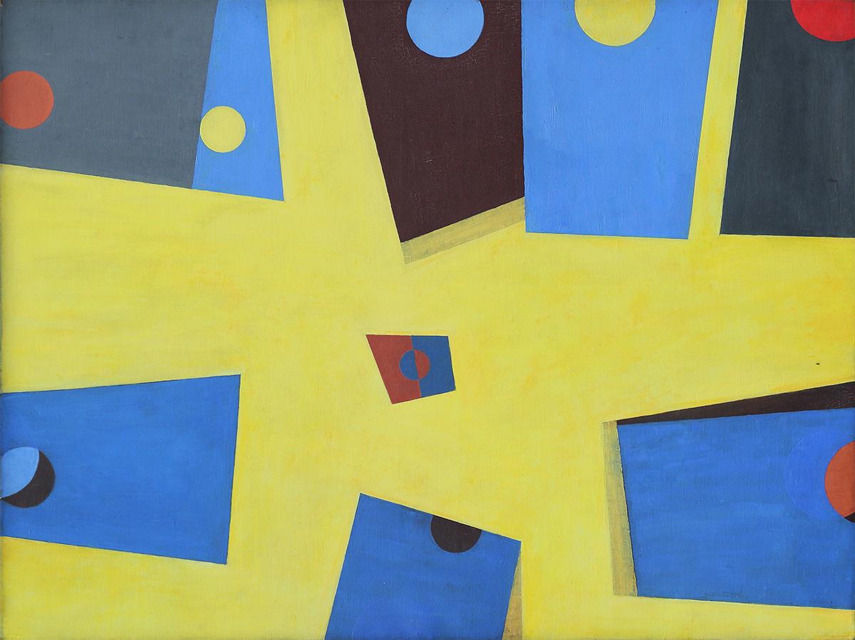 Early Modern American Cubist Yellow, Blue, and Red Abstract Geometric Painting 1