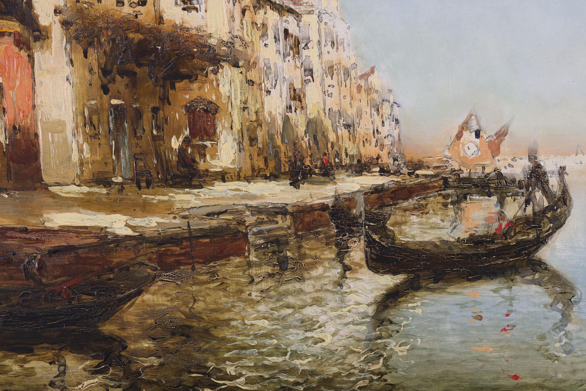 Gondolas on a Venetian Backwater - Post-Impressionist Painting by albert Ferdinand DUPRAT