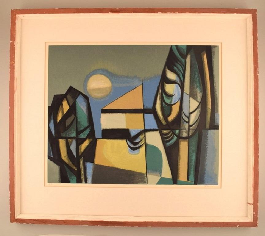 Albert Ferenz (1907-1994), Germany. Colour lithography. 
Abstract landscape. Mid-20th century.
Visible dimensions: 62 x 51 cm.
Total dimensions: 80 x 70 cm.
The frame measures: 3 cm.
In excellent condition.
Hand-signed.