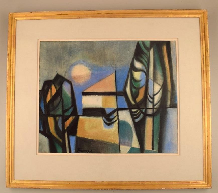Albert Ferenz (1907-1994), Germany. Watercolor on paper. 
Abstract Landscape.
Mid-20th century.
Visible dimensions: 60 x 49 cm.
Total dimensions: 82 x 71 cm.
The frame measures: 3 cm.
In excellent condition.
Signed.