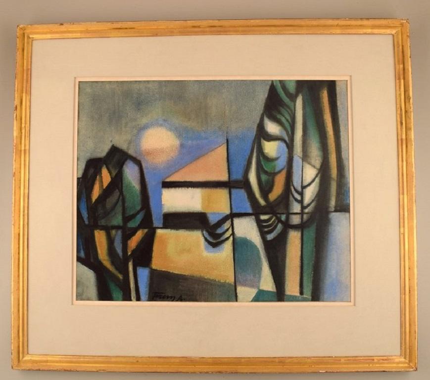 Albert Ferenz (1907-1994), Deutschland. Aquarell auf Papier. 
Abstrakte Landschaft.
Mitte des 20. Jahrhunderts.
Sichtbare Abmessungen: 60 x 49 cm.
Abmessungen insgesamt: 82 x 71 cm.
Der Rahmen misst: 3 cm.
In ausgezeichnetem