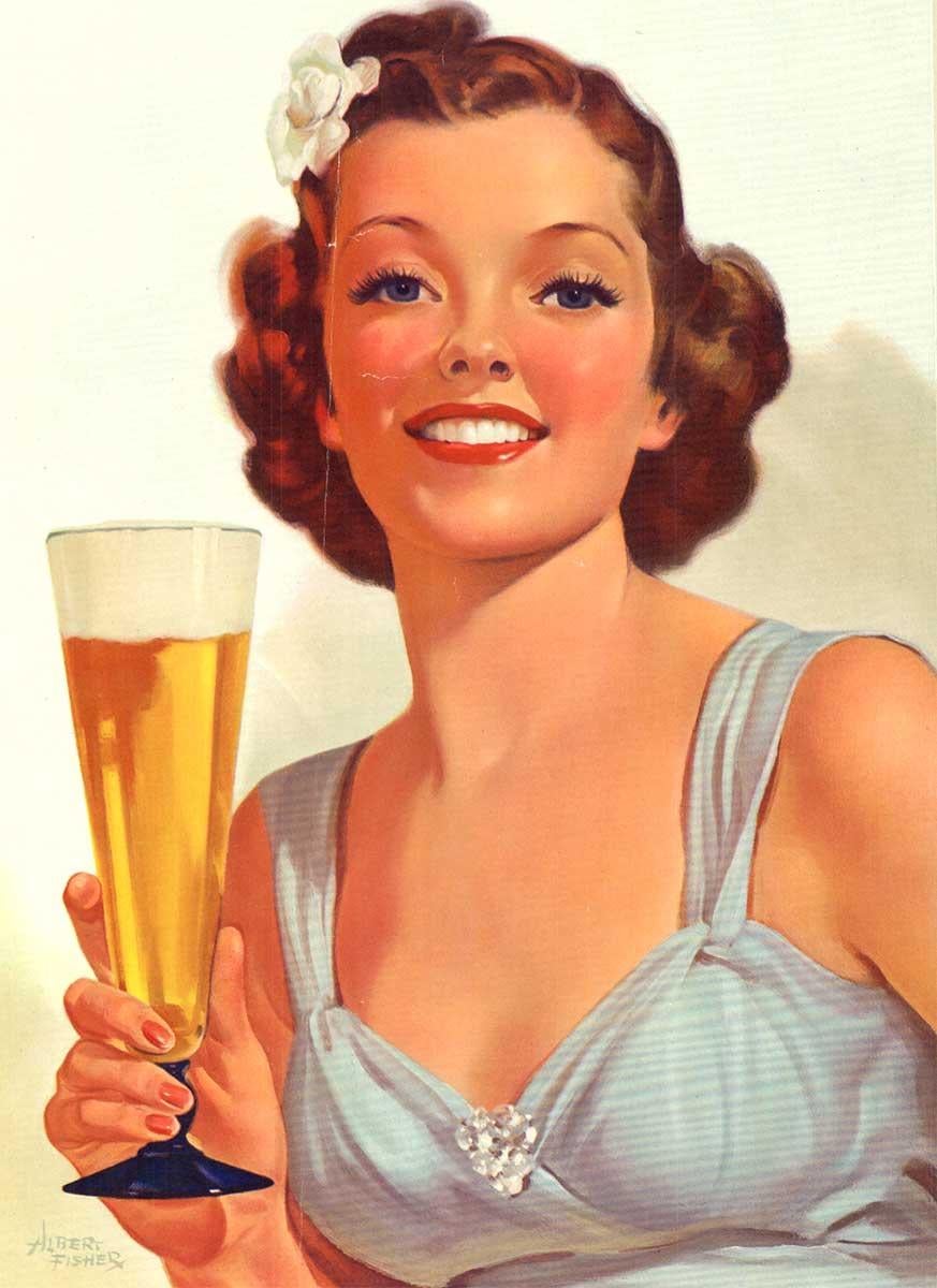 Original Have a Beer Girl  (estilo pin up) cartel vintage de los años 40 - Print Art Decó de Albert Fisher