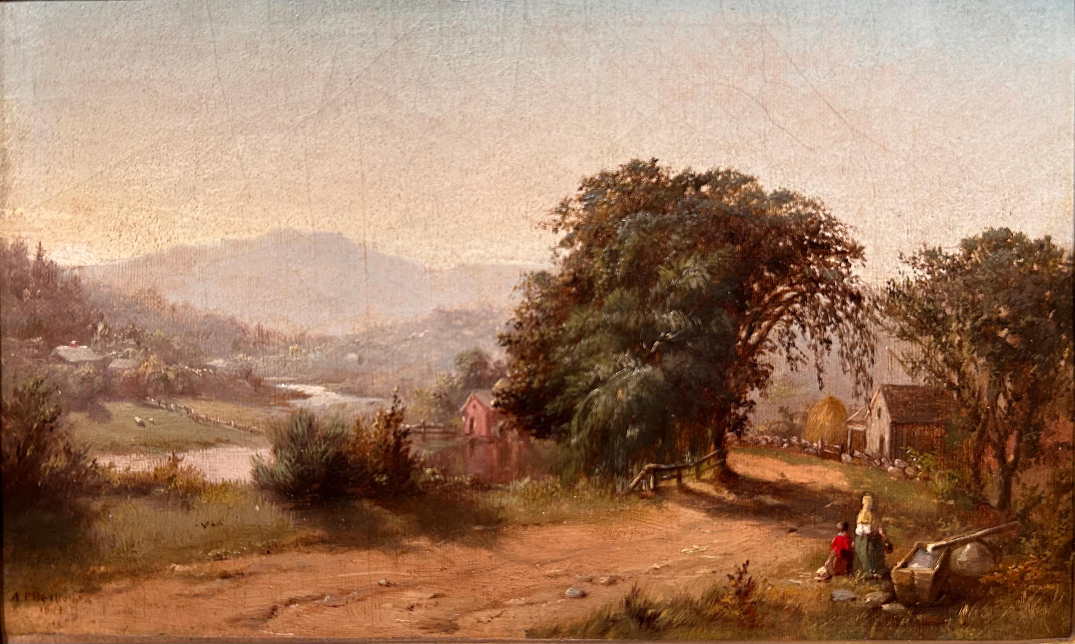 Oil Landscape of Country Side Walking to Water Pump - Painting by Albert Fitch Bellows