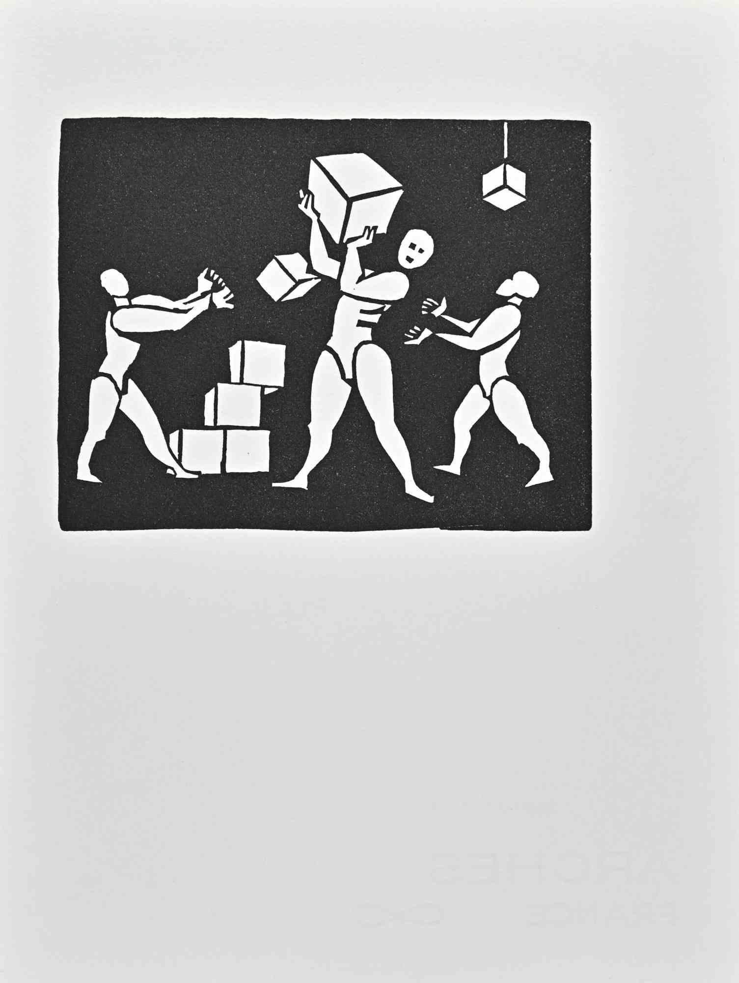 Bauhausbaukasten ist ein Linolschnitt von Albert Flocon aus dem Jahr 1987.

Gute Bedingungen.

Gehört zu der Serie " aus den "Scénographies au Bahuhaus. Hommage à Oskar Schlemmer en plusiers tableaux", Hrsg. "L'Atelier du Nombre d'Or", Paris, 1987. "