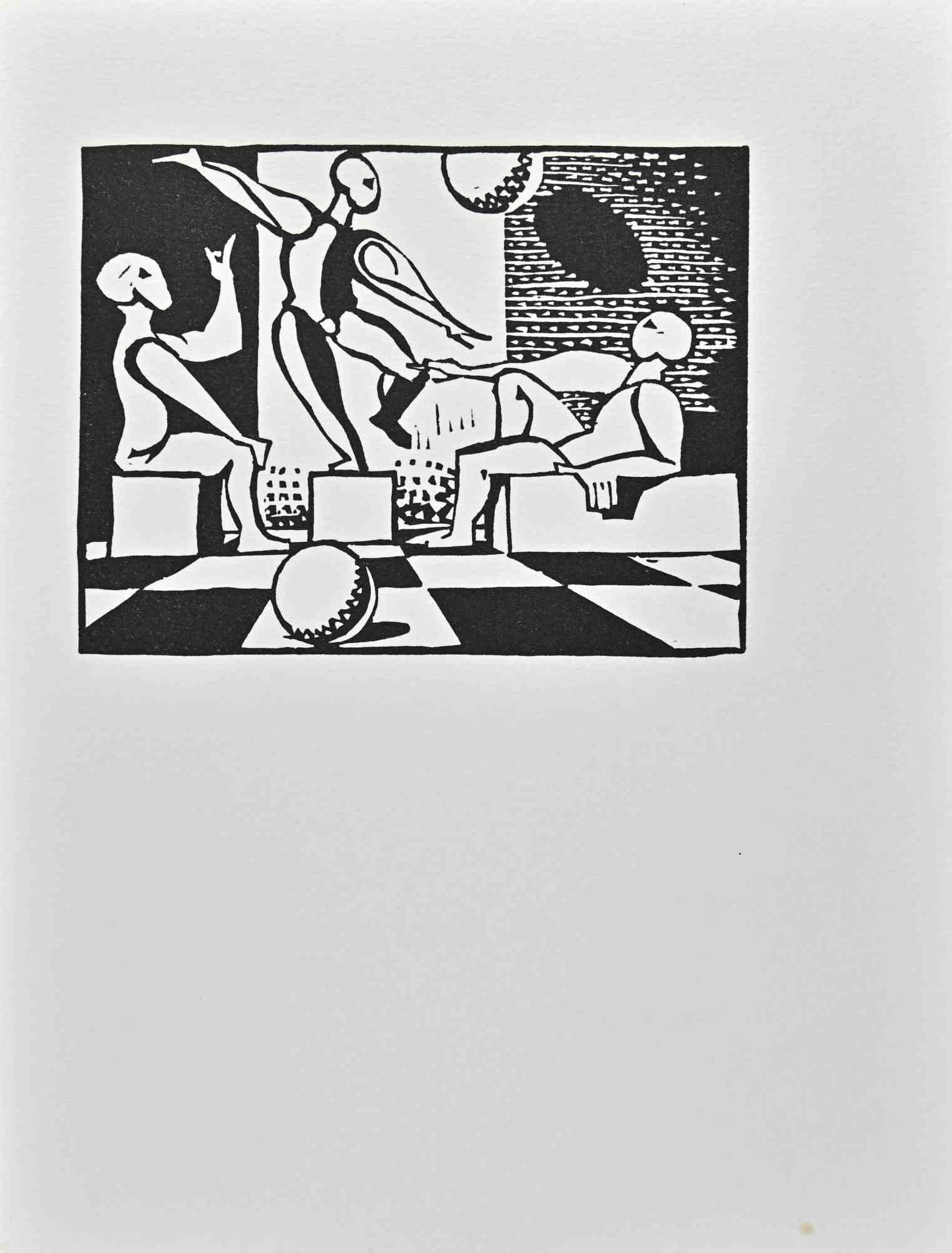 Danse, Dessin, Destin est une linogravure réalisée par Albert Flocon en 1987.

Bonnes conditions.

Appartient à la série " des Scénographies au Bauhaus ". Hommage à Oskar Schlemmer en plusiers tableaux", éd. "L'Atelier du Nombre d'Or", Paris, 1987".