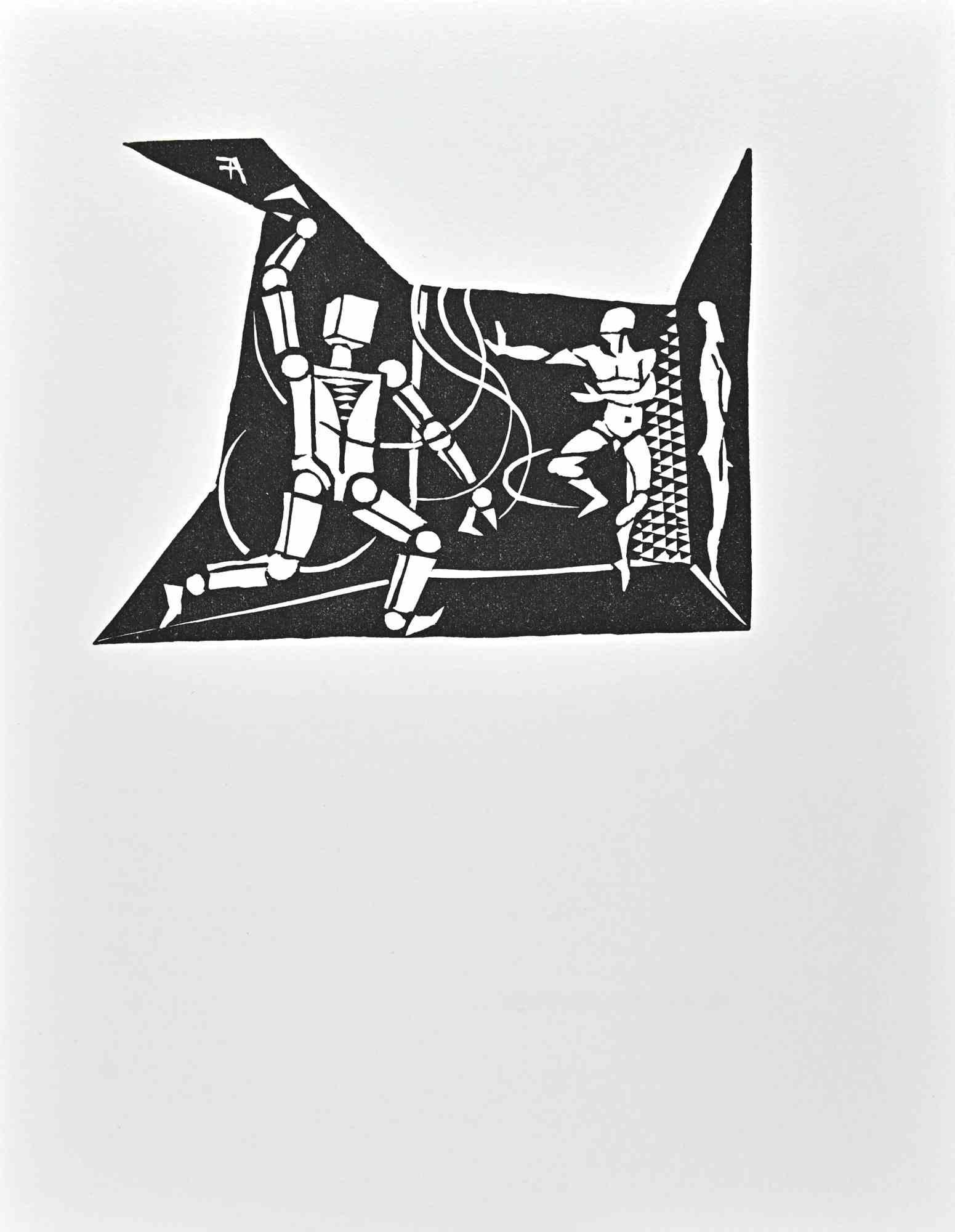 Mensch Und Kunstfigur is a linocut print realized by Albert Flocon in 1987.

Good conditions.

Belongs to the series " from the "Scénographies au Bahuhaus. Hommage à Oskar Schlemmer en plusiers tableaux", ed. "L'Atelier du Nombre d'Or", Paris, 1987".
