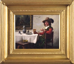 19th Century genre oil painting of man smoking a pipe