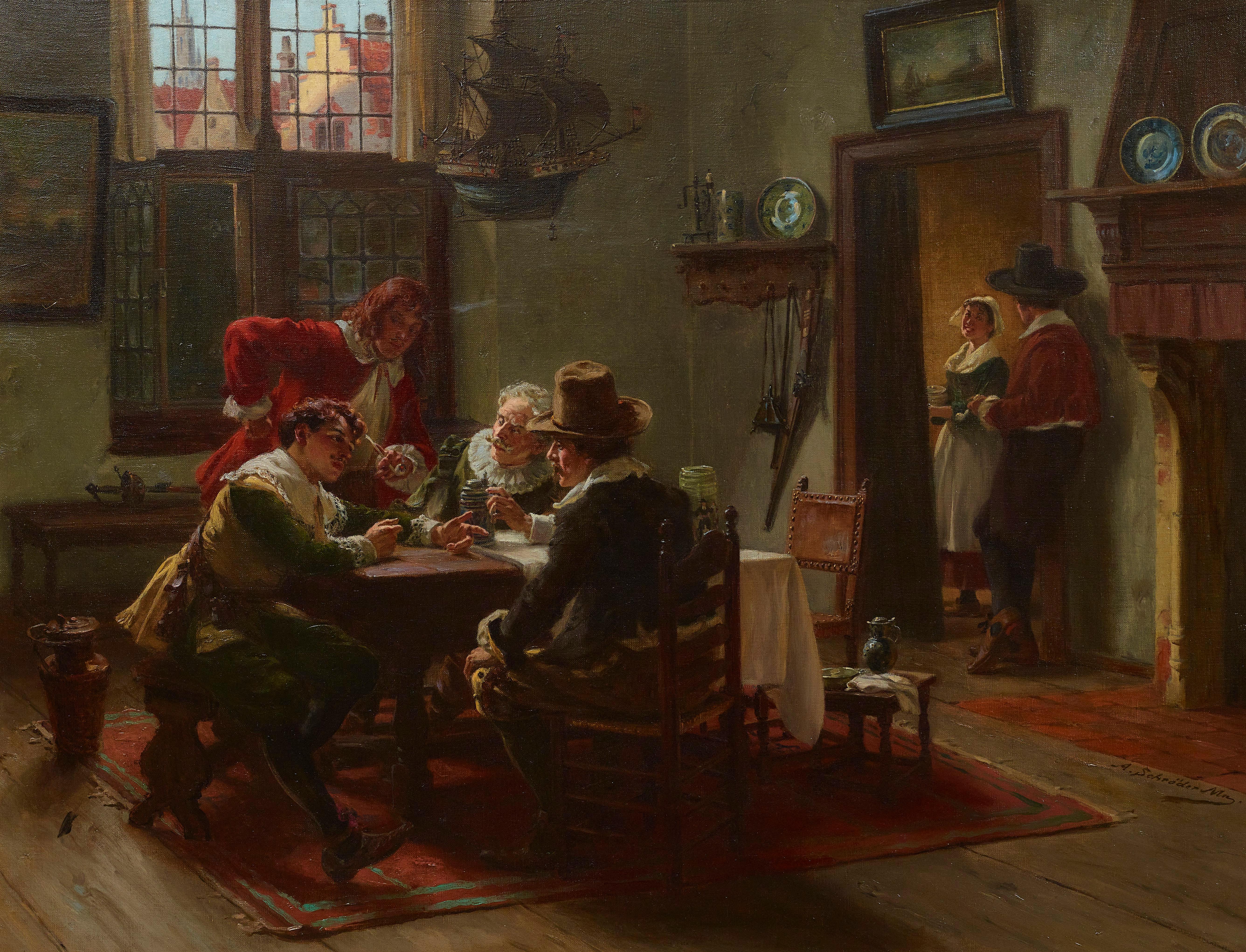 ‘Making the Next Move’ is a very typical example of Schroder’s work. The figures sitting around the table debating their ‘next move’ transports the viewer to the scene. You wonder what the topic of conversation is? Who are these finely dressed men?