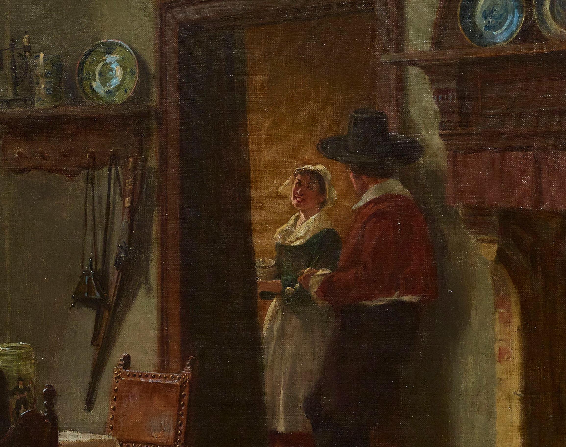 19th Century Interior Figurative Painting 'Making the Next Move' detail, red For Sale 2