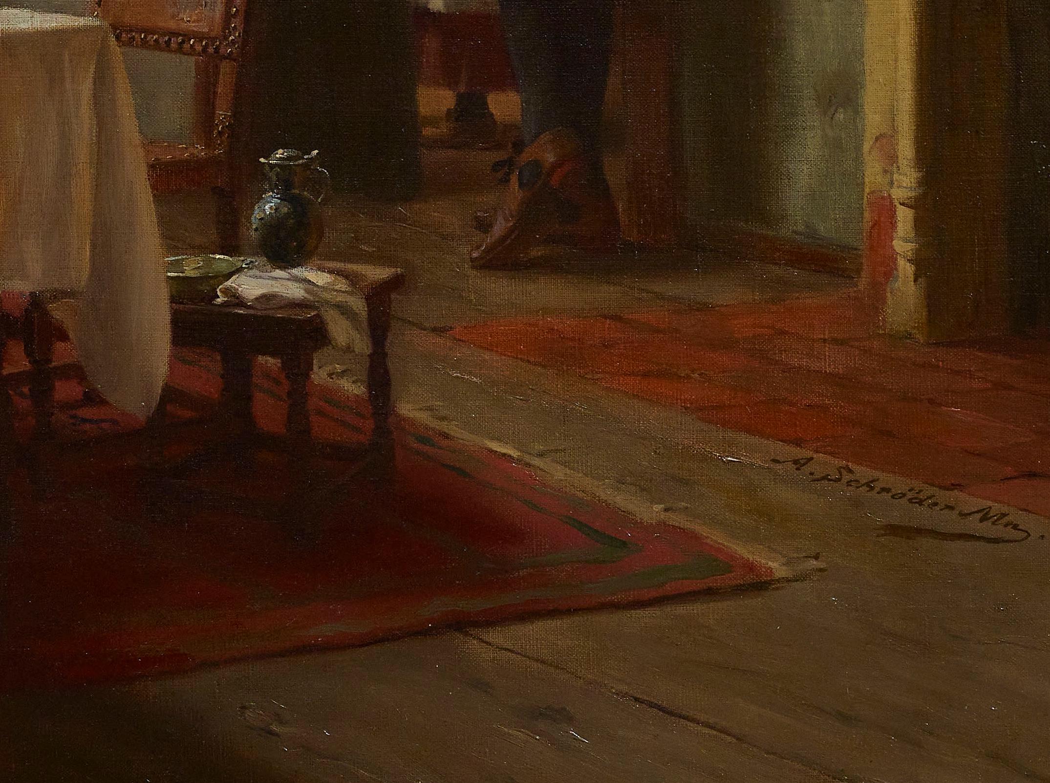 19th Century Interior Figurative Painting 'Making the Next Move' detail, red For Sale 3