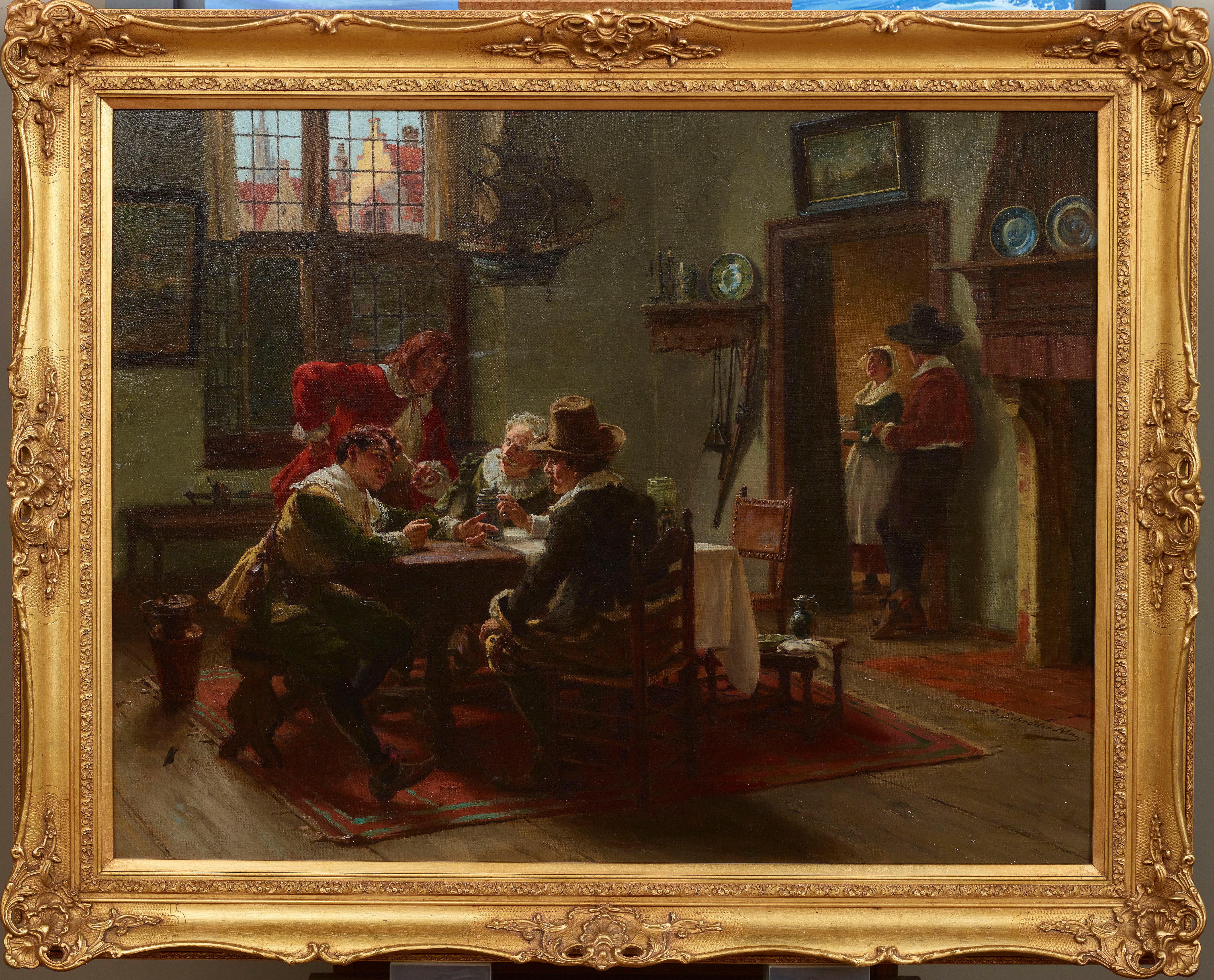 Interior Painting de Albert Friedrich Schroder - Pintura figurativa de interior del siglo XIX "Haciendo el siguiente movimiento" detalle, rojo