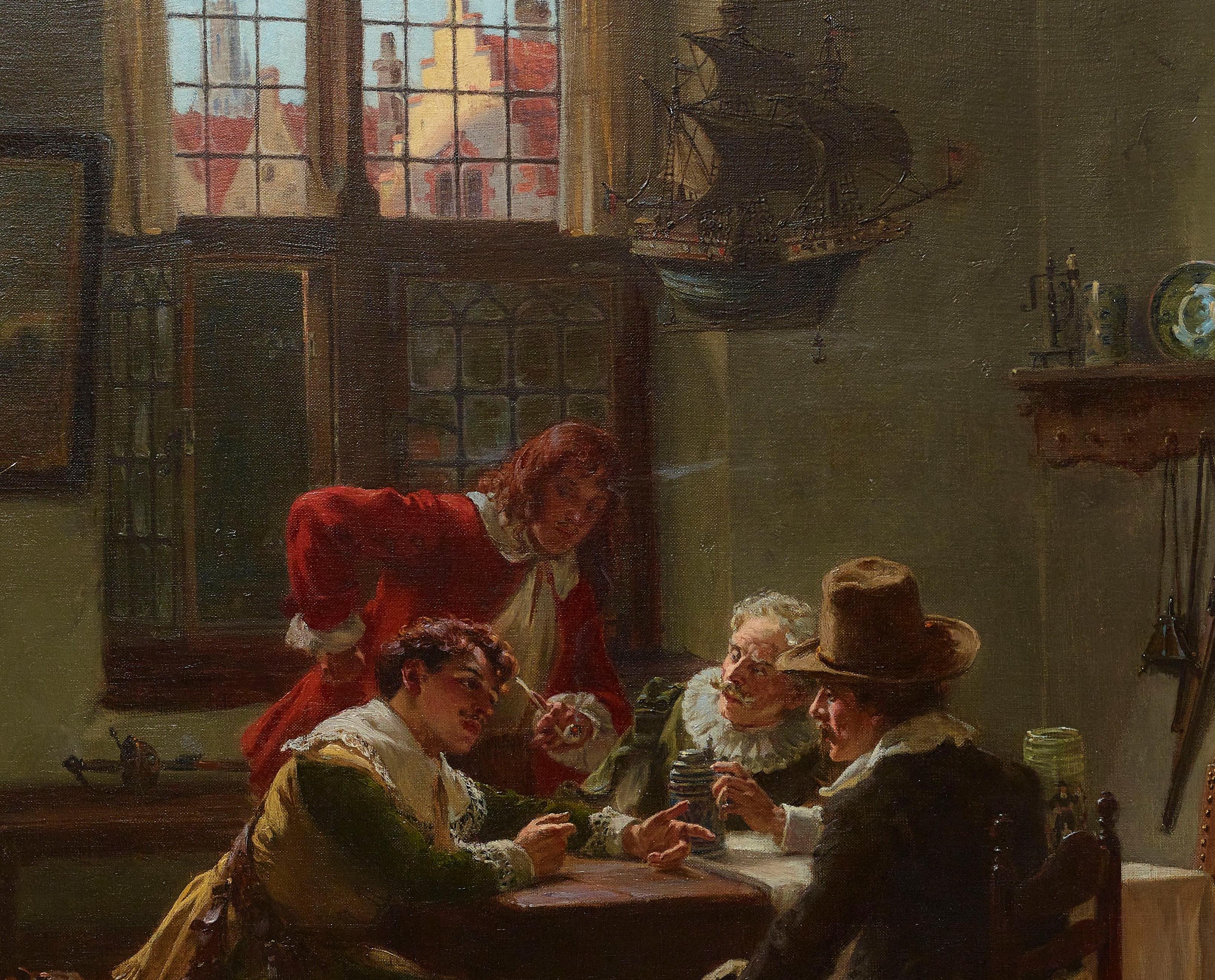 ‘Making the Next Move’ is a very typical example of Schroder’s work. The figures sitting around the table debating their ‘next move’ transports the viewer to the scene. You wonder what the topic of conversation is? Who are these finely dressed men?