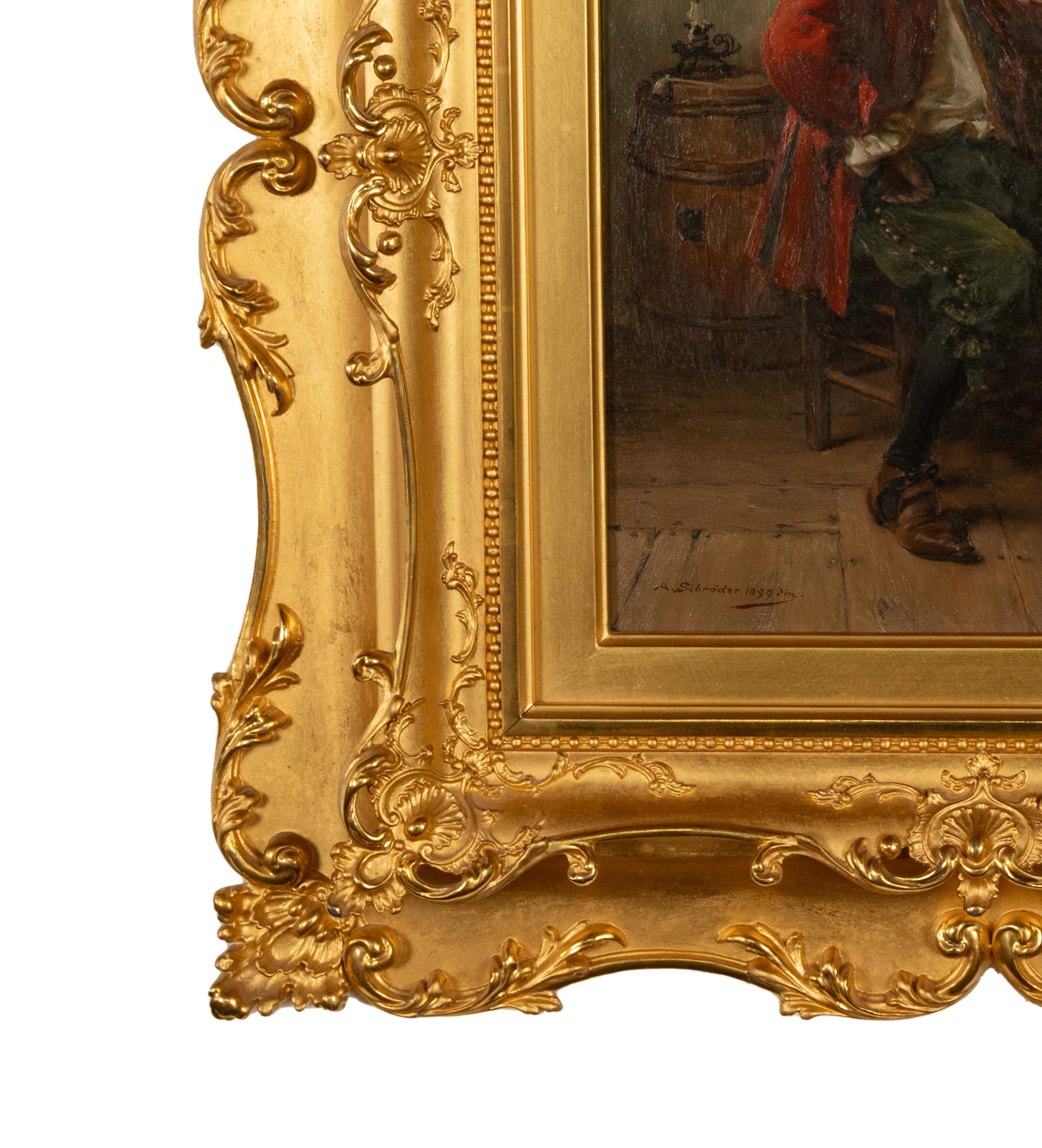 Belle huile sur toile classique allemande de l'artiste de genre et portraitiste Albert Friedrich Schröder (1854-1939), signée et datée de 1899.
Ce tableau est l'œuvre de l'un des prolifiques peintres de genre classiques allemands de la fin du XIXe