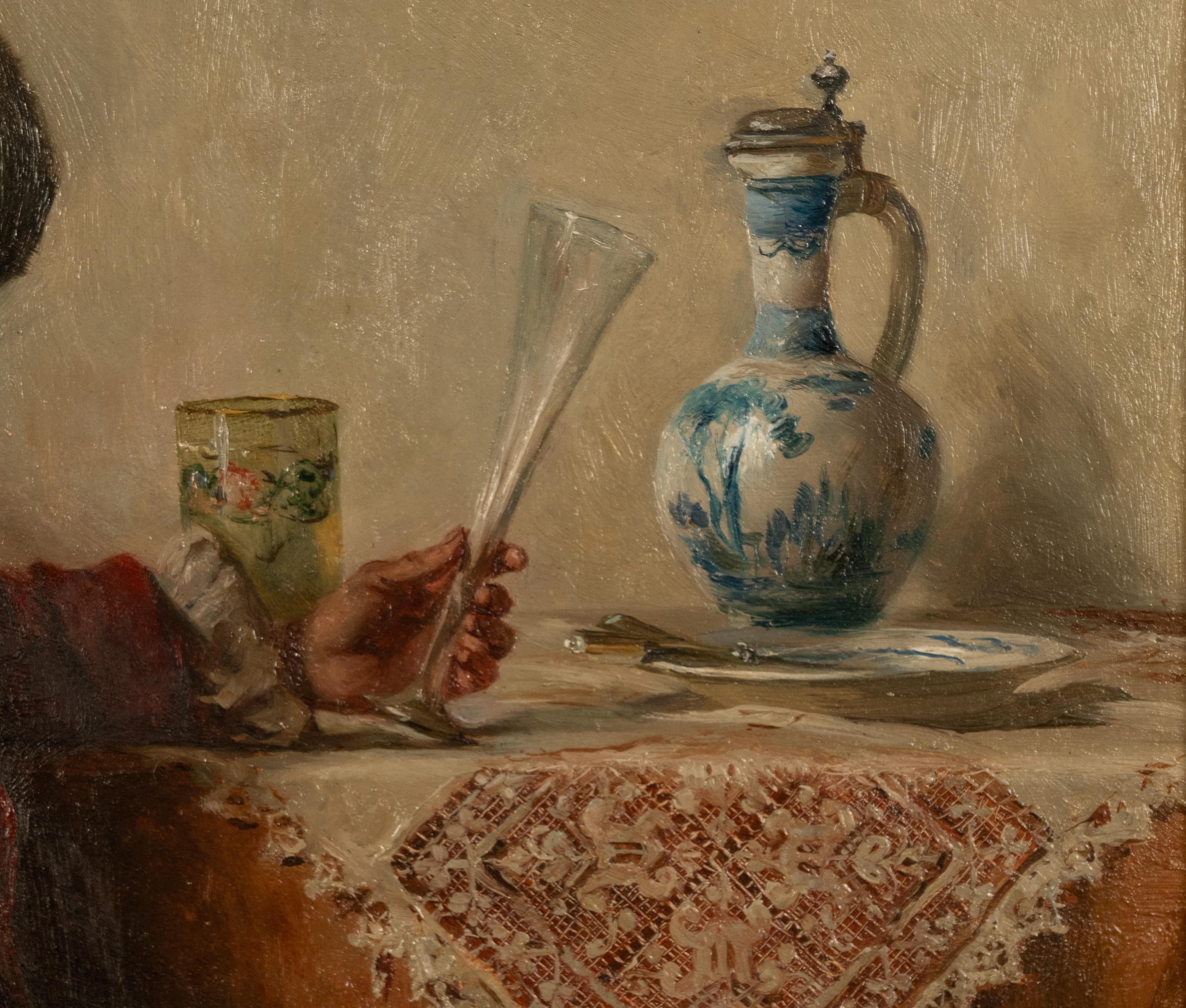 Peinture à l'huile de genre allemande ancienne Portrait Cavalier buvant du vin en vente 2