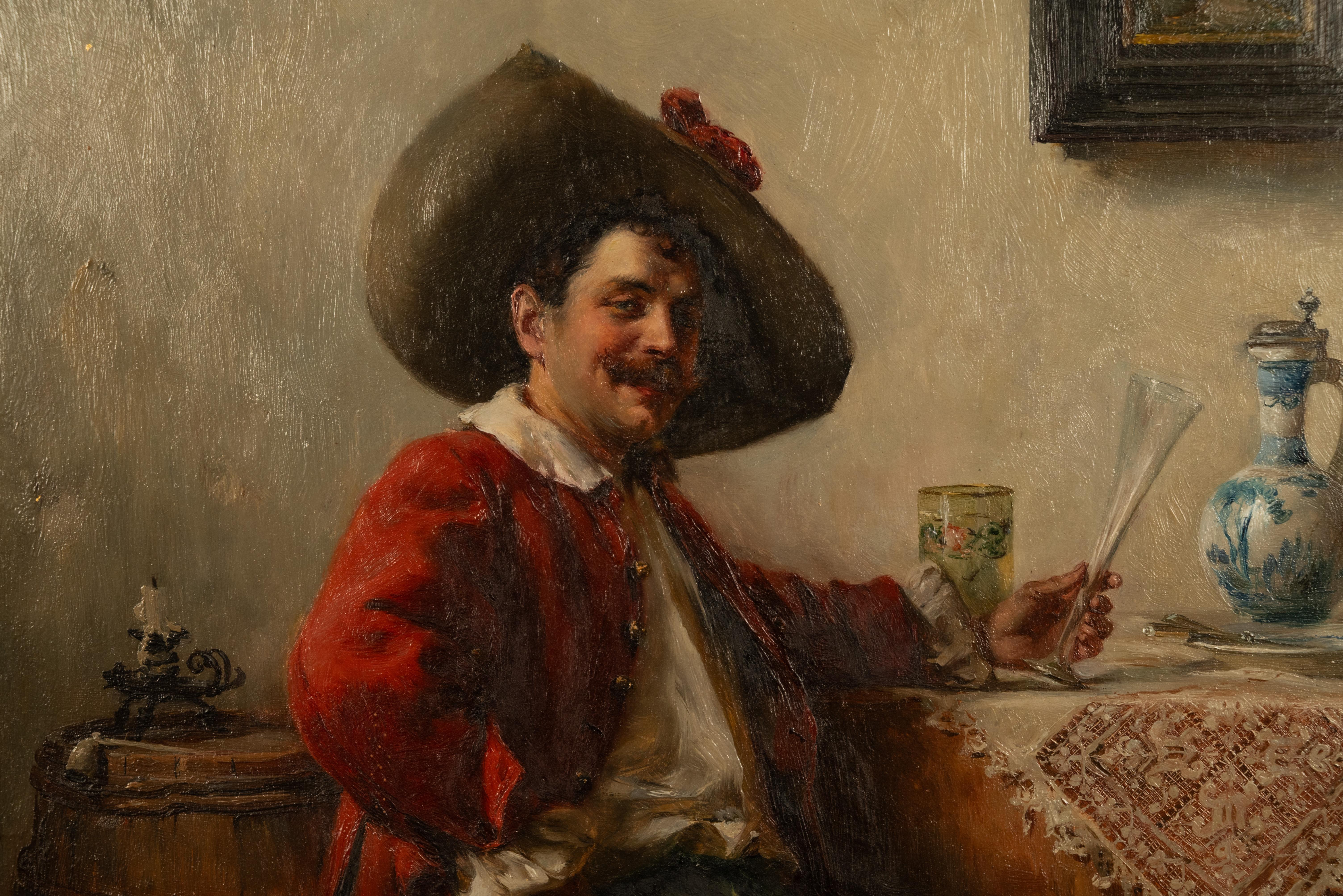 Peinture à l'huile de genre allemande ancienne Portrait Cavalier buvant du vin en vente 4