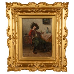 Antique German Genre Oil Painting Portrait Cavalier Drinking Wine