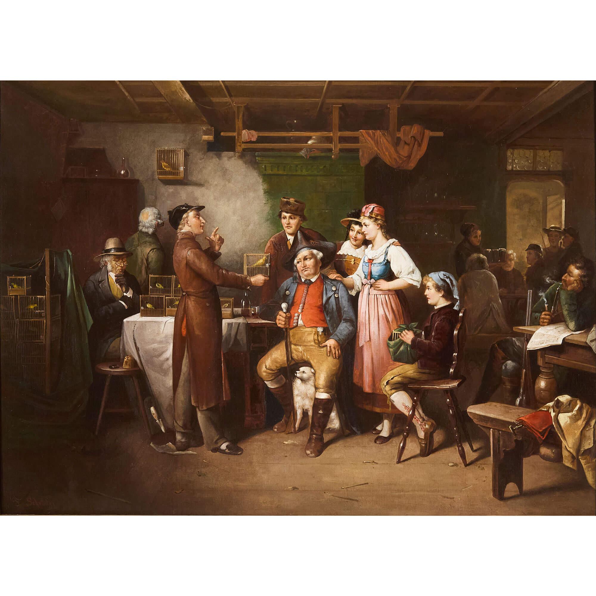 Großes antikes deutsches Ölgemälde eines Canary Sellers von F. Schröder – Painting von Albert Friedrich Schroder