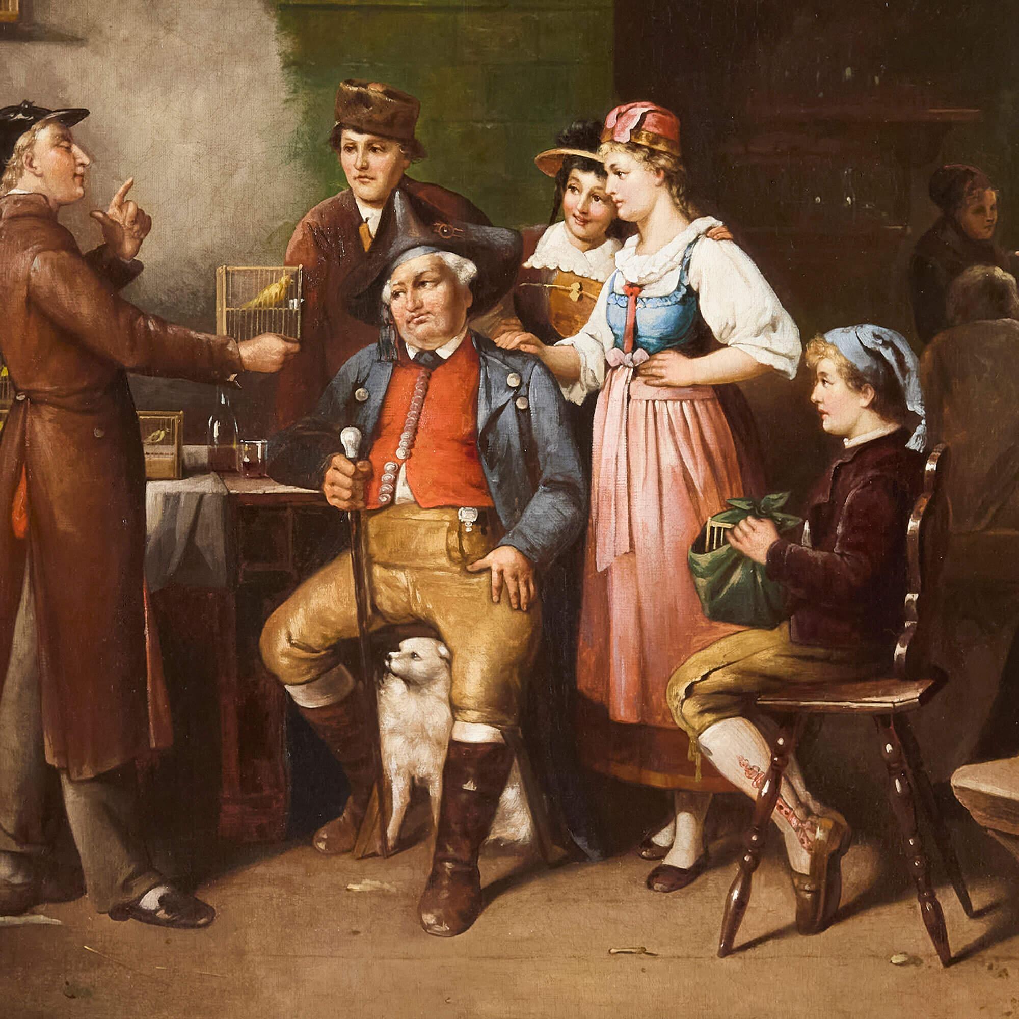 Großes antikes deutsches Ölgemälde eines Canary Sellers von F. Schröder (Braun), Figurative Painting, von Albert Friedrich Schroder
