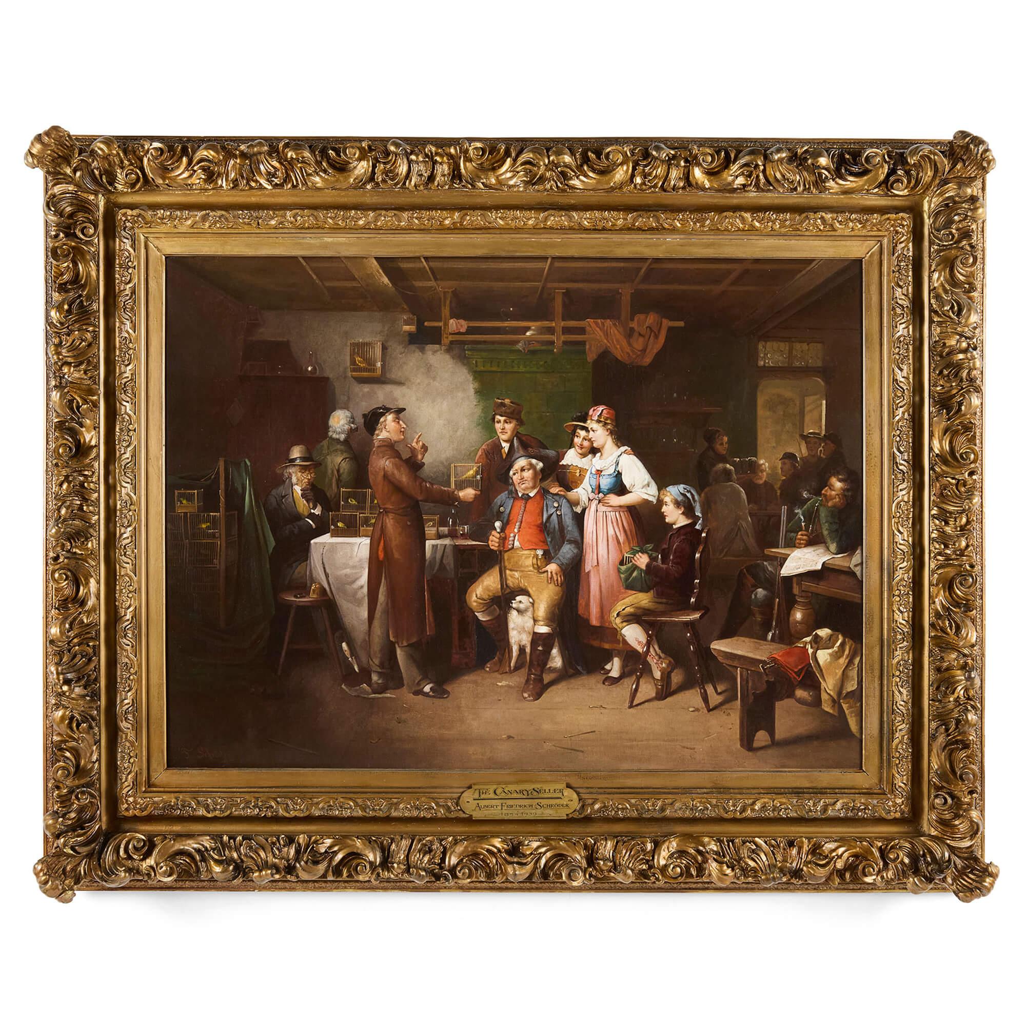Albert Friedrich Schroder Figurative Painting – Großes antikes deutsches Ölgemälde eines Canary Sellers von F. Schröder