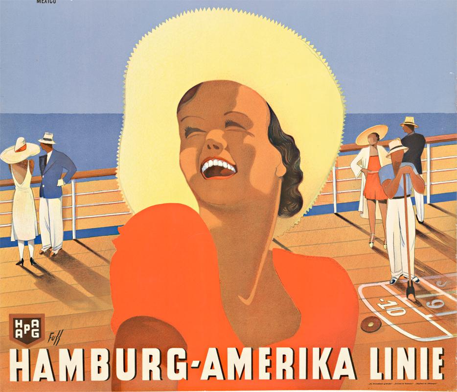 Hamburg – Amerika Linie Original Vintage-Reiseplakat (Beige), Landscape Print, von Albert Fuss